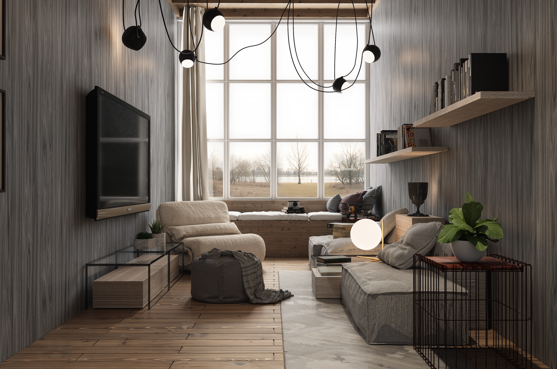 Ruang tamu berpanel kayu dengan sofa modular dan rak terapung